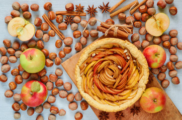 Apple tart on the wooden board decorated with fresh apples, hazelnuts and spices - anise stars and cinnamon on the gray kitchen background. Autumn pie with raw ingredients. Top view