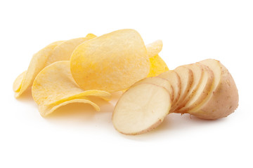 crispy chips and raw potato on white background