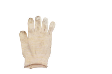 white dirty glove without warming, for manual works, thin fabric of woven strings (fine yarn). isolated on white background with clipping path