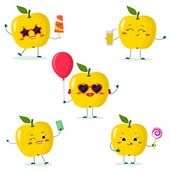 A set of five yellow apple Smiley in different poses in a cartoon style.