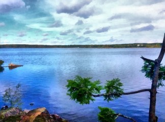 Hand drawing watercolor art on canvas. Artistic big print. Original modern painting. Acrylic dry brush background. Charming beauty of a wild lake.    