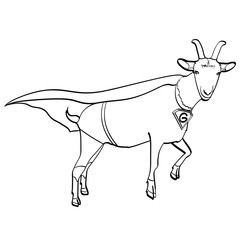 isolated object coloring, black lines, white background. Flies Goat Animal Dressed As Superhero With clothes Vigilante Character. Comic style, vector