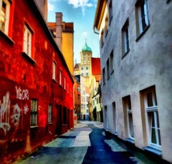 Hand drawing watercolor art on canvas. Artistic big print. Original modern painting. Acrylic dry brush background. Bright European street full of wonderful life.    