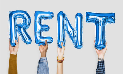 Blue alphabet balloons forming the word rent