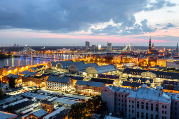 Beautiful aerial panorama of Riga center and Vansu, railroad bridges over Daugava river during...