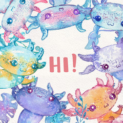 Watercolor cute axolotl characters, cute card - 215205010