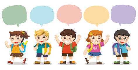 Back to school,Cute kids go to school with speech frame, Set of diverse Kids and Different nationalities with speech frame isolated on white background.
