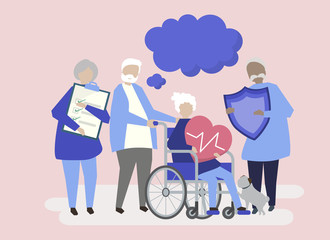 Characters of senior people holding healthcare icons illustration
