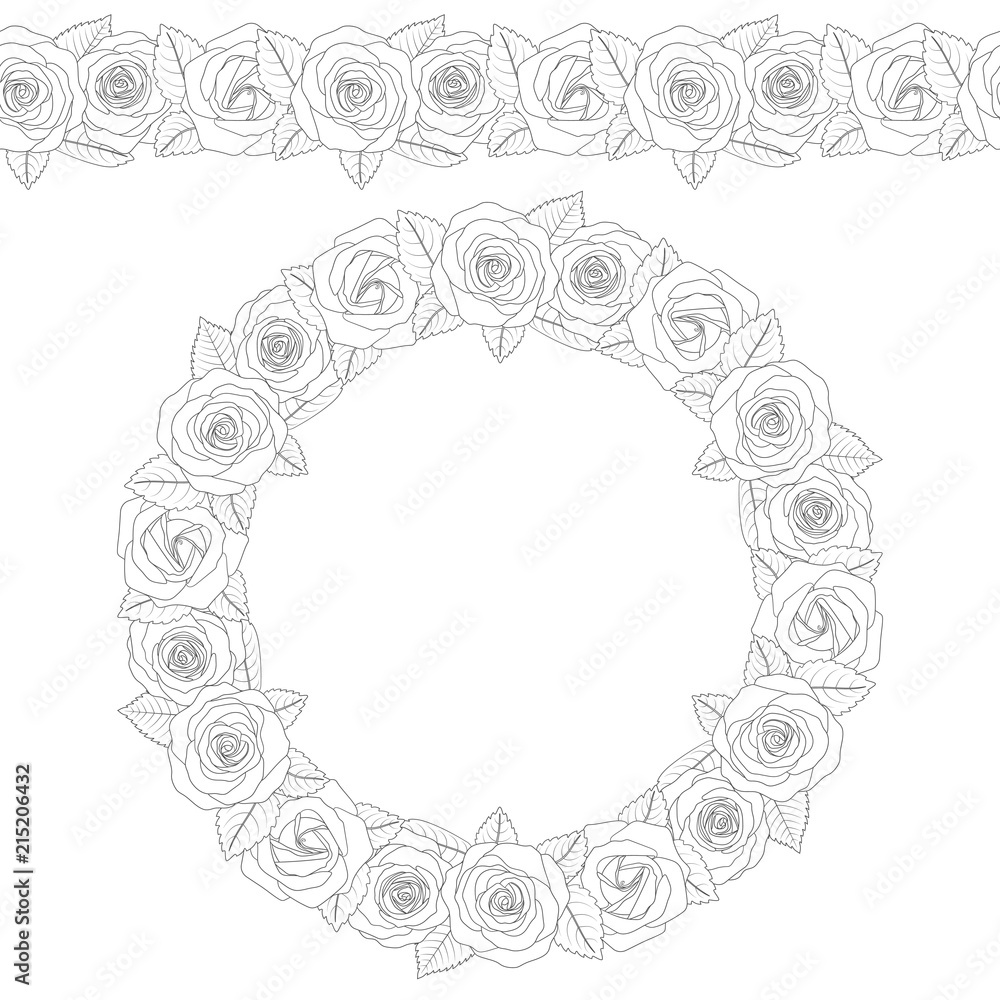 Poster black and white illustration of a round wreath and seamless pattern of roses. isolated vector object