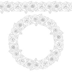Black and white illustration of a round wreath and seamless pattern of roses. Isolated vector object on white background.