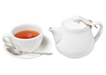 White tea cup with a spoon and a kettle (tea pot) isolated on white background