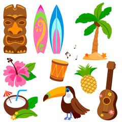 Hawaiian summer vacations collection. Vector illustration set - obrazy, fototapety, plakaty
