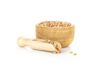 Lot of whole raw green lentil seeds in a wooden bowl with scoop isolated on white