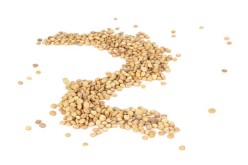 Lot of whole raw green lentil seeds like snake isolated on white