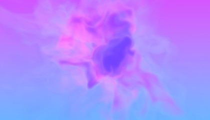 Turbulent swirl of two neon color smokes cyan and violet in retro disco style. 3D illustration design of futuristic colorful blast. Illustration of abstract glowing ink on colorful background.