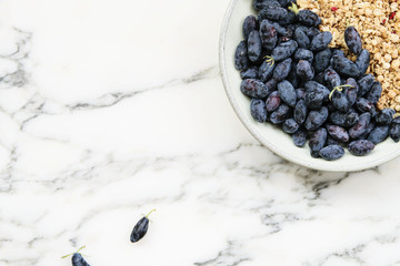 Fresh ripe honeysuckle berries and muesli in a ceramic bowl on a grey marble table. Healthy...