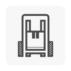 Forklift vector icon. May called fork truck or lift truck. Elevator machine equipment or vehicle for heavy industrial work at storage, port, warehouse and factory by lift up, raise and delivery cargo.