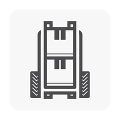 Forklift vector icon. May called fork truck or lift truck. Elevator machine equipment or vehicle for heavy industrial work at storage, port, warehouse and factory by lift up, raise and delivery cargo.