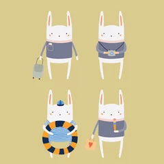 Foto op Aluminium Hand drawn vector illustration of cute funny bunny on summer holidays. Isolated objects. Scandinavian style flat design. Concept for children print. © Maria Skrigan