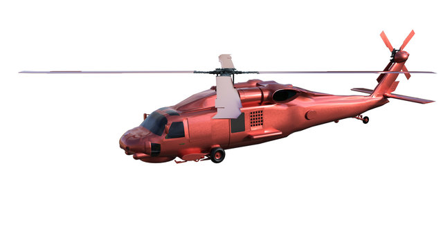 Side View Of A Red Rescue Helicopter That Stands