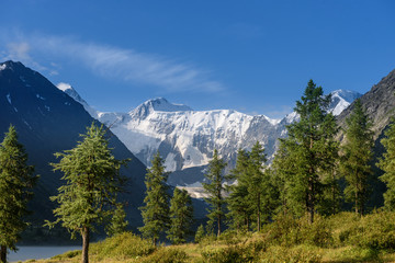 A view of the Belukha mountain from the valley of the Akkem River. Summer, good weather, snow tops.