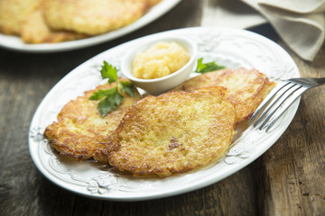 Potato pancakes, or latkes with apple sauce
