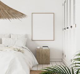 Mock-up poster frame in bedroom, Scandinavian style, 3d render - obrazy, fototapety, plakaty