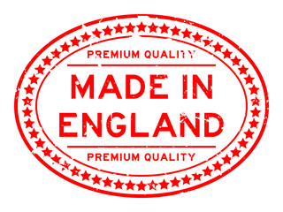 Grunge red premium quality made in England oval rubber seal stamp on white background