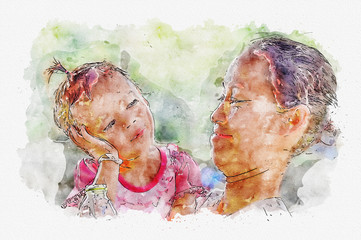 Watercolor of Mom and baby are happy together.