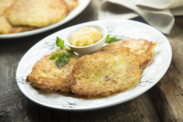 Potato pancakes, or latkes with apple sauce
