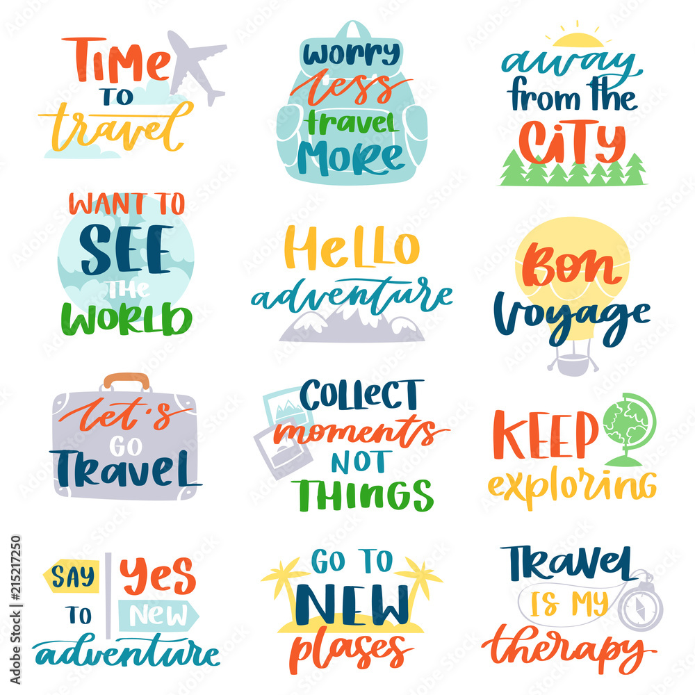 Wall mural Travel lettering vector adventure calligraphy text or traveling quote sign for poster typography illustration set of vacation or tourism typographic print isolated on white background - Wall murals