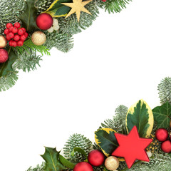 Christmas background border with red and gold star and ball bauble decorations, holly, fir,...