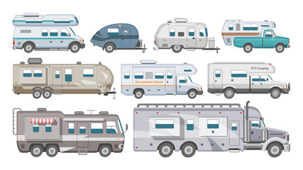 Caravan vector rv camping trailer and caravanning vehicle for traveling or journey illustration transportable set of camp van or tourism transport isolated on white background