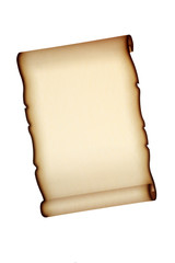 Old parchment paper scroll isolated on white background.