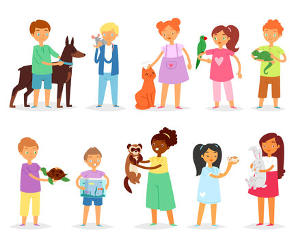 Kids children with pet vector girls and boys playing with animal characters cat dog or puppy illustration set of person girl or boy with turtle or parrot isolated on white background