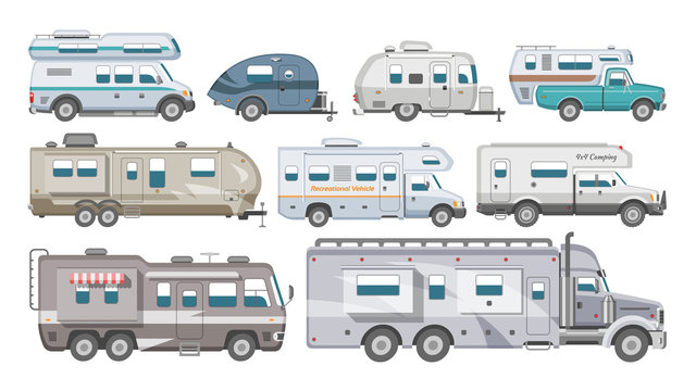 Caravan vector rv camping trailer and caravanning vehicle for traveling or journey illustration transportable set of camp van or tourism transport isolated on white background