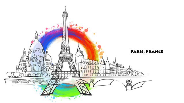 Paris landmarks with colored background