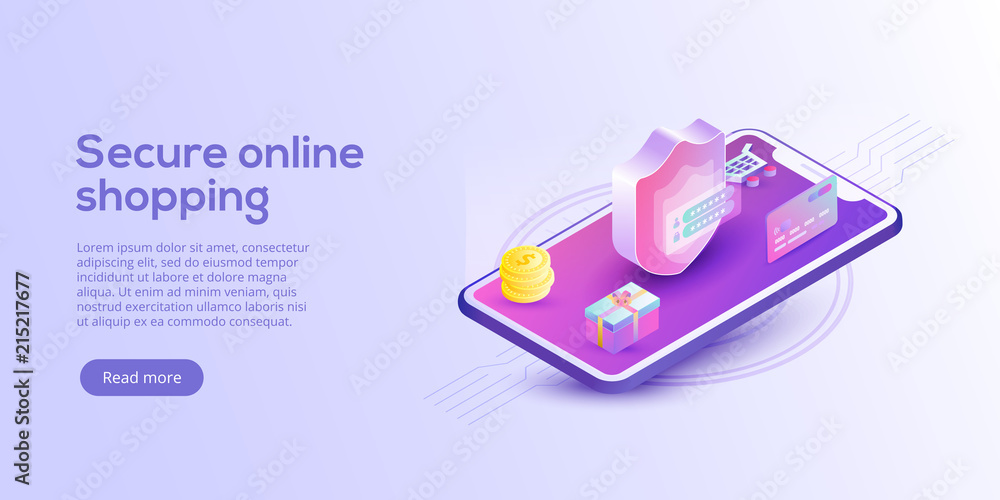 Poster online shopping or e-commerce isometric vector illustration. internet store payment procedure concep