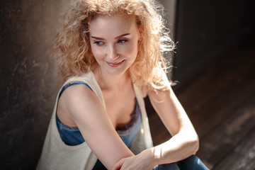 Close-up portrait of sweet blonde woman in a casual jeans clothes, fashion beauty photo