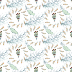 Tribal feather seamless pattern background bird nature wing element vector graphic illustration hand drawn style.