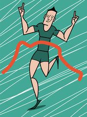 young Caucasian male athlete crosses the finish line, vector illustration