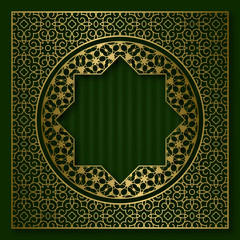 Golden patterned frame in oriental style. Vintage cover background or packaging design.