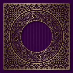 Golden patterned frame in oriental style. Vintage cover background or packaging design.