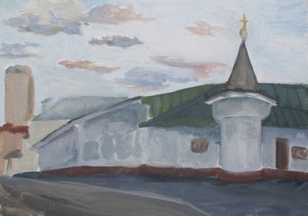 urban landscape, urban street, a temple, a Church, a sketch with oil paints