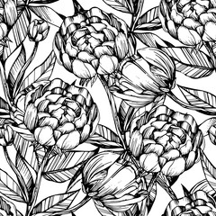 seamless pattern, coloring books for children and adults,black and white,  ink, pen capillary, handmade, peony, leaves, flowers, buds.