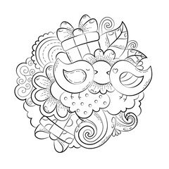 Vector hand drawn funny heart, cat, bird, sweet, cloud, balloon, butterfly illustration for adult coloring book. Sketch for adult anti stress coloring book page with doodle and zentangle elements.