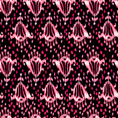 Ikat seamless bohemian ethnic pink and black pattern in watercolour style. Watercolor ikat oriental ornaments for fabric, textile, wrapping