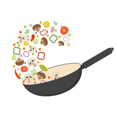 Wok pan, tomato, paprika, pepper, shiitake mushroom and carrots. Asian food. Fresh flying vegetables. Flat vector illustration. - obrazy, fototapety, plakaty
