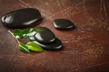 Fototapeta na wymiar Zen pebble stones with green plant