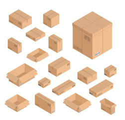Vector different size isometric boxes set. Open and closed empty post office mail shipping boxes with writings, bar codes. Small, big, long and short
